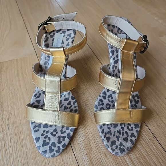 Olivia Rose Tal New York Women Size 7 Gold With Cheetah Footbed Wedge Sandals - Picture 2 of 8